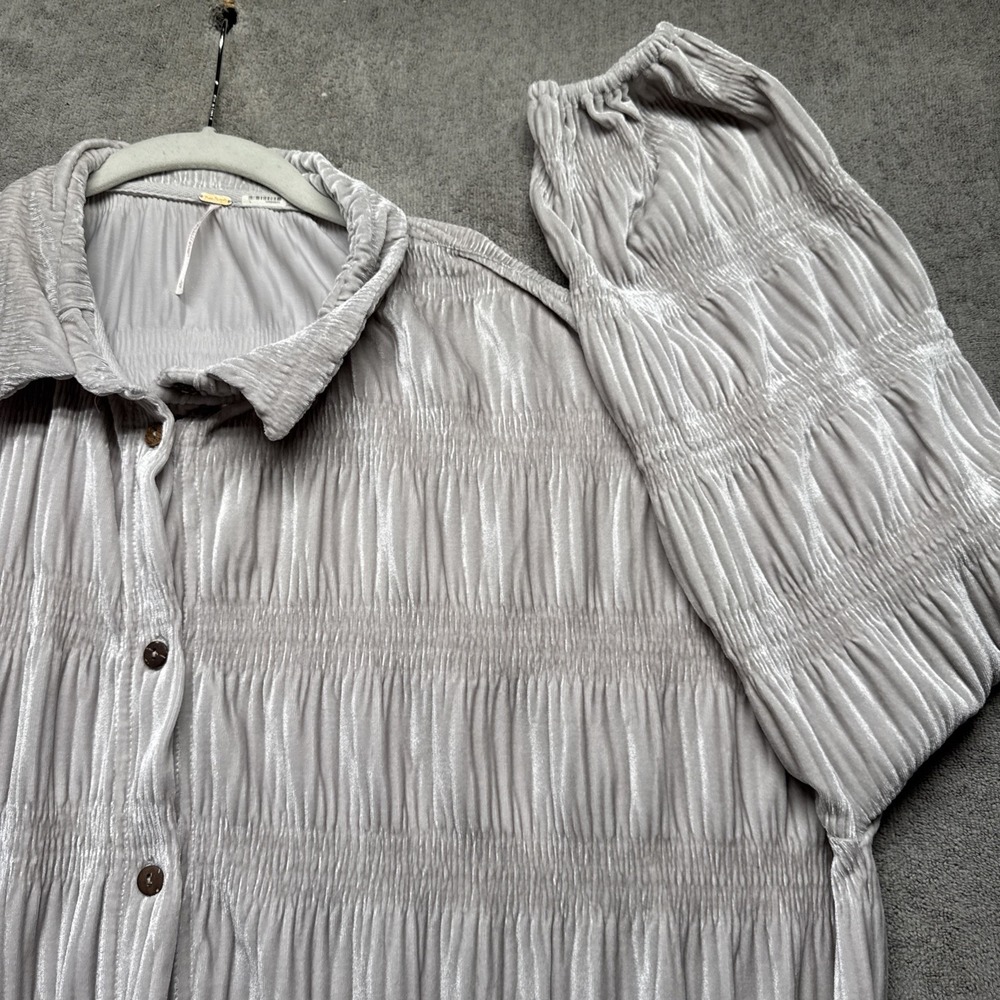 Free People Button Up Blouse Gray Textured Stripe Womens Large Lightweight Top